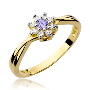 Pierścionek ze złota z Tanzanitem 0,15ct i Diamentami próby 585. W-0072TAN
